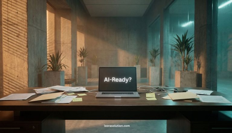 Messy corporate office desk with scattered papers and closed laptop in a modern AI-ready organization environment before AI implementation