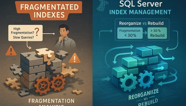 Split-screen SQL Server index optimization banner. Left: Chaotic fragmented indexes with broken gears, red warnings, and a confused DBA. Right: Streamlined indexes with color-coded blocks, smooth gears ('Reorganize/Rebuild'), and a clear flowchart. Background includes SQL Server logos and database schemas.