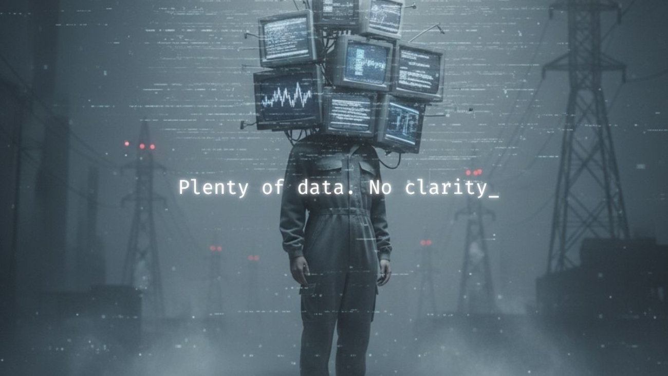 Surreal corporate scene showing a business professional with a monitor for a head, symbolizing how unstructured data replaces human clarity and slows decision-making in modern organizations.