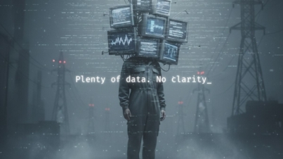 Surreal corporate scene showing a business professional with a monitor for a head, symbolizing how unstructured data replaces human clarity and slows decision-making in modern organizations.