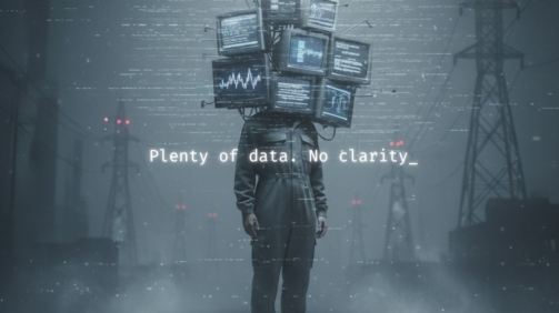 Surreal corporate scene showing a business professional with a monitor for a head, symbolizing how unstructured data replaces human clarity and slows decision-making in modern organizations.