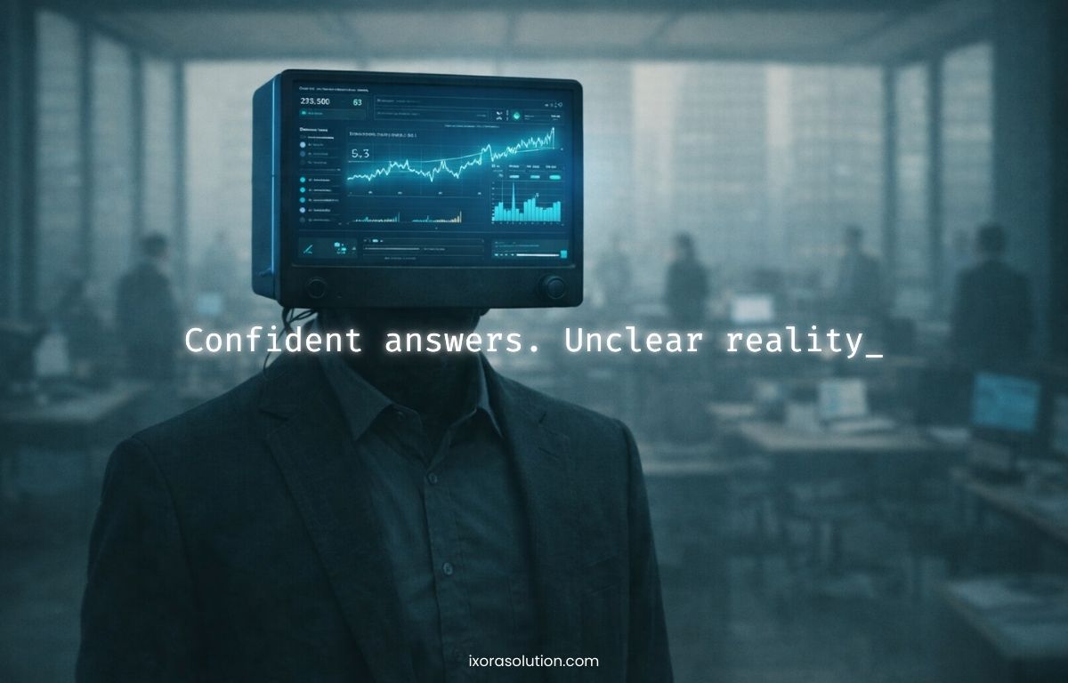 A business executive with a digital dashboard displayed on a monitor head inside a foggy office, illustrating how data dashboards exist but lack context and meaning for real decisions.