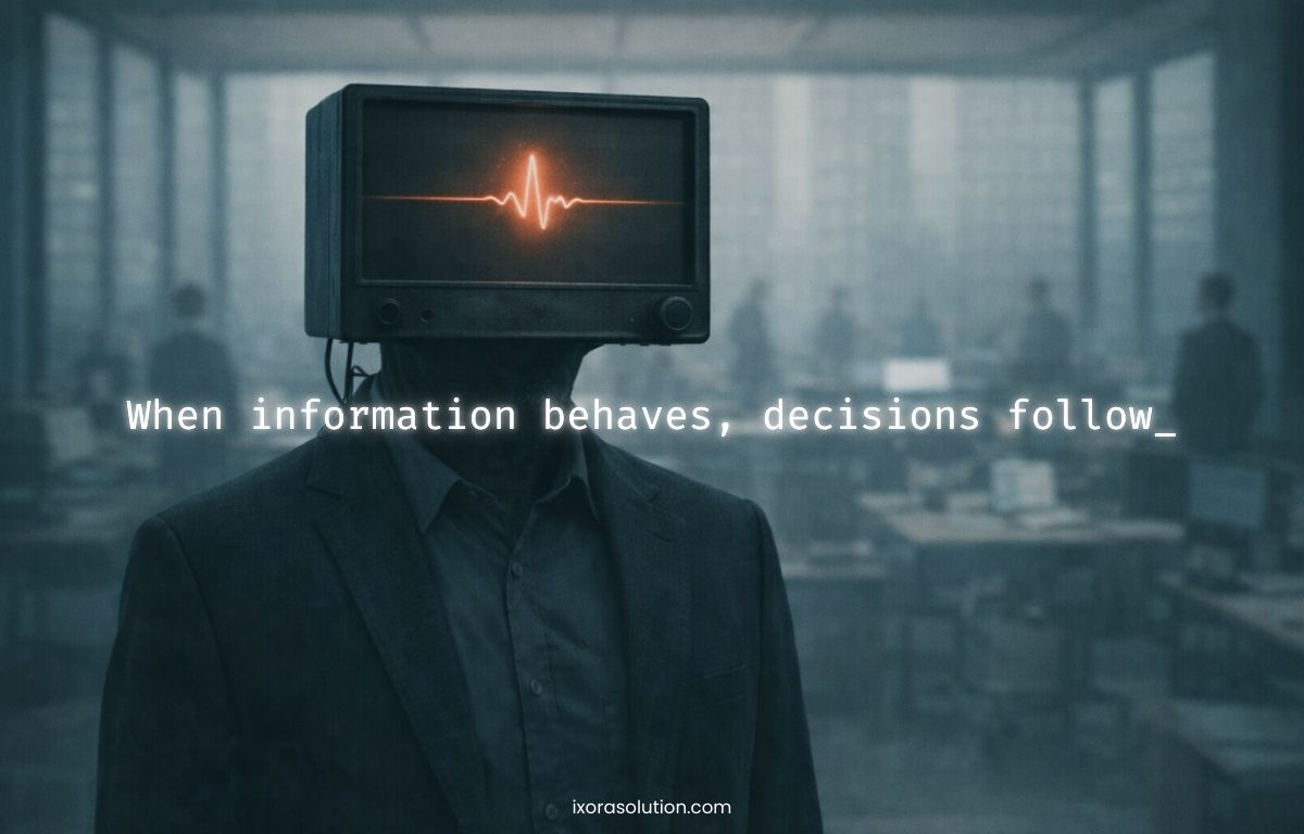 Corporate figure with a monitor head displaying a heartbeat signal in a modern office, symbolizing structured data bringing life, clarity, and confidence back to business decisions.