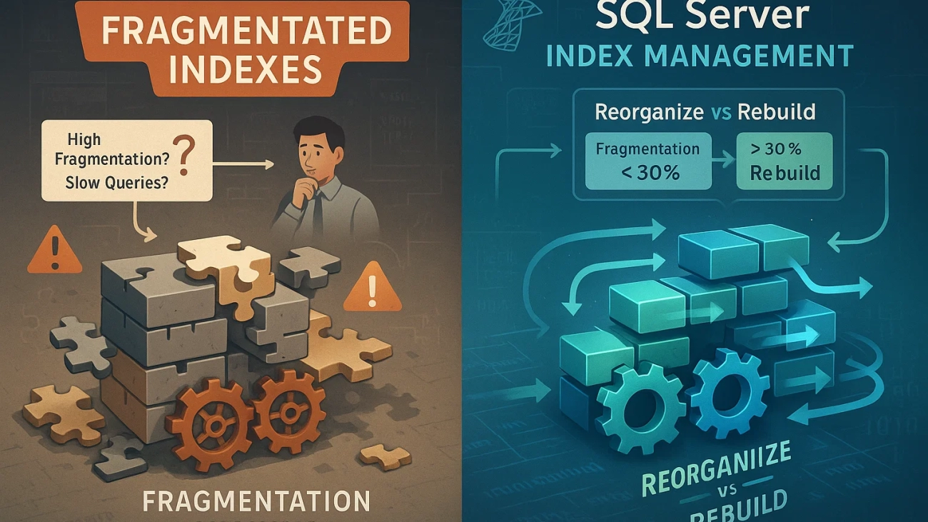 Split-screen SQL Server index optimization banner. Left: Chaotic fragmented indexes with broken gears, red warnings, and a confused DBA. Right: Streamlined indexes with color-coded blocks, smooth gears ('Reorganize/Rebuild'), and a clear flowchart. Background includes SQL Server logos and database schemas.